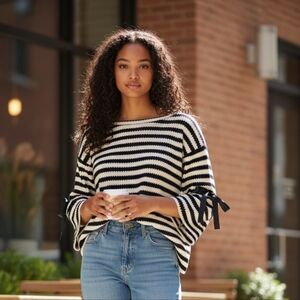 French Breton Striped Sweater Sz L Bell Sleeve European Capsule Parisian Girl